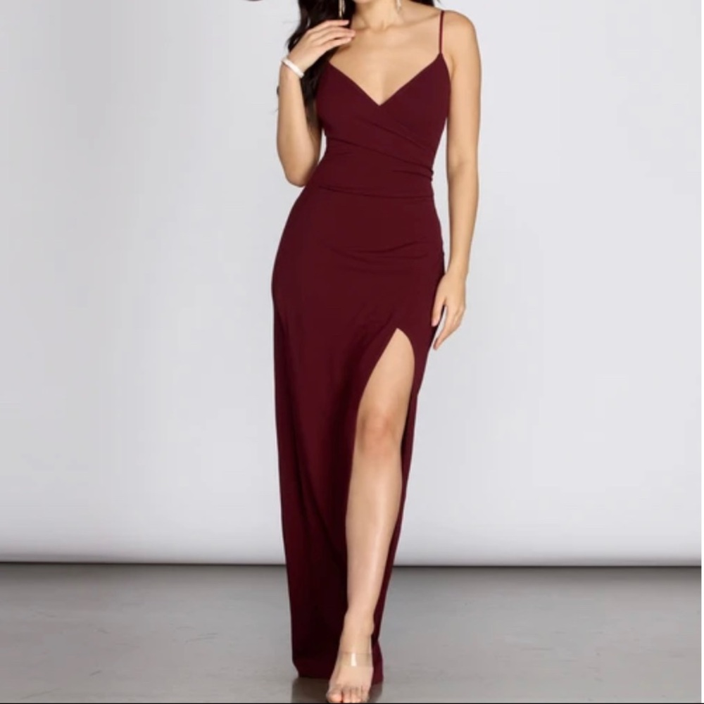 Burgundy Slit Formal Wrap Dress